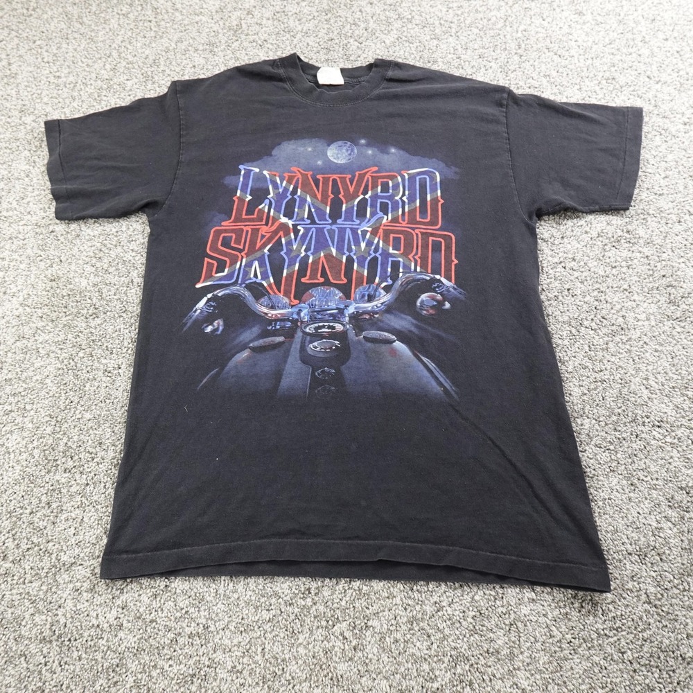 VTG Lynyrd Skynyrd Shirt Mens XL Black Motorcycle Graphic Logo Band Rock Tee 90s
